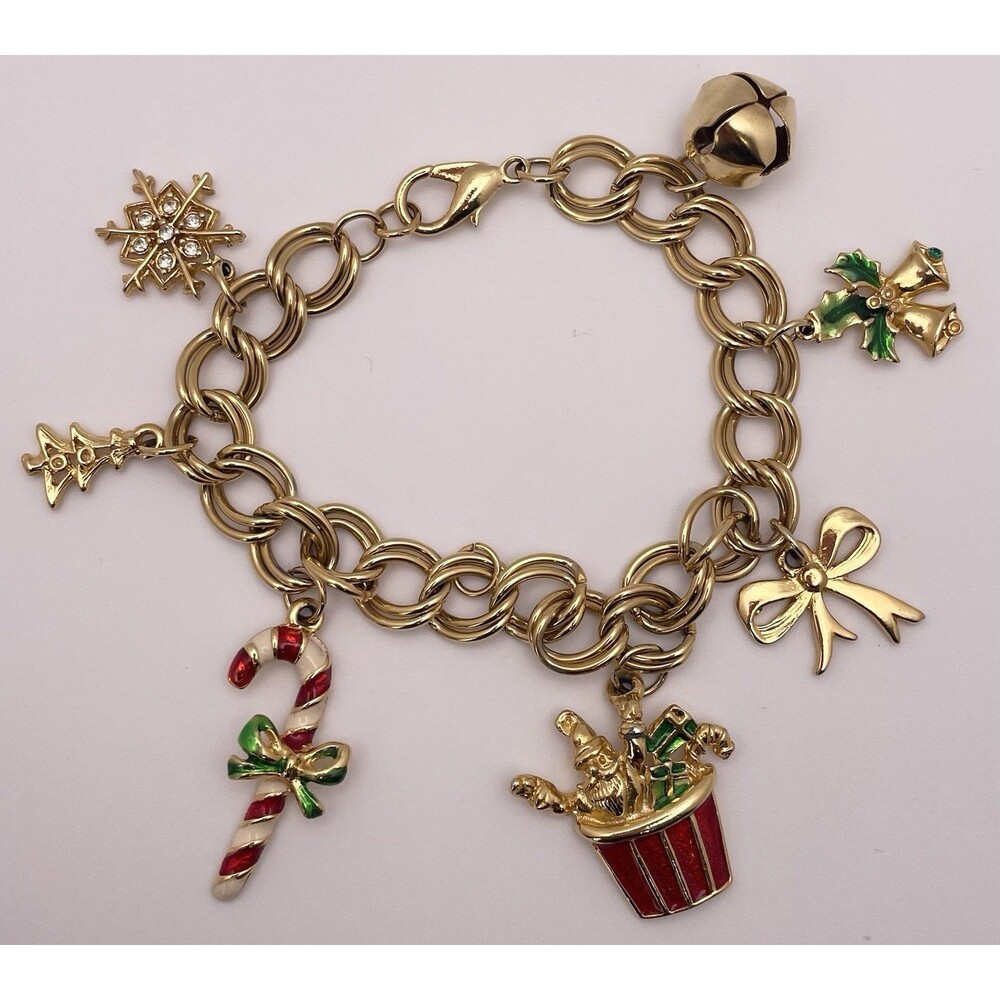 Festive Christmas Gold Tone Charm Bracelet Holiday Fashion Jewelry